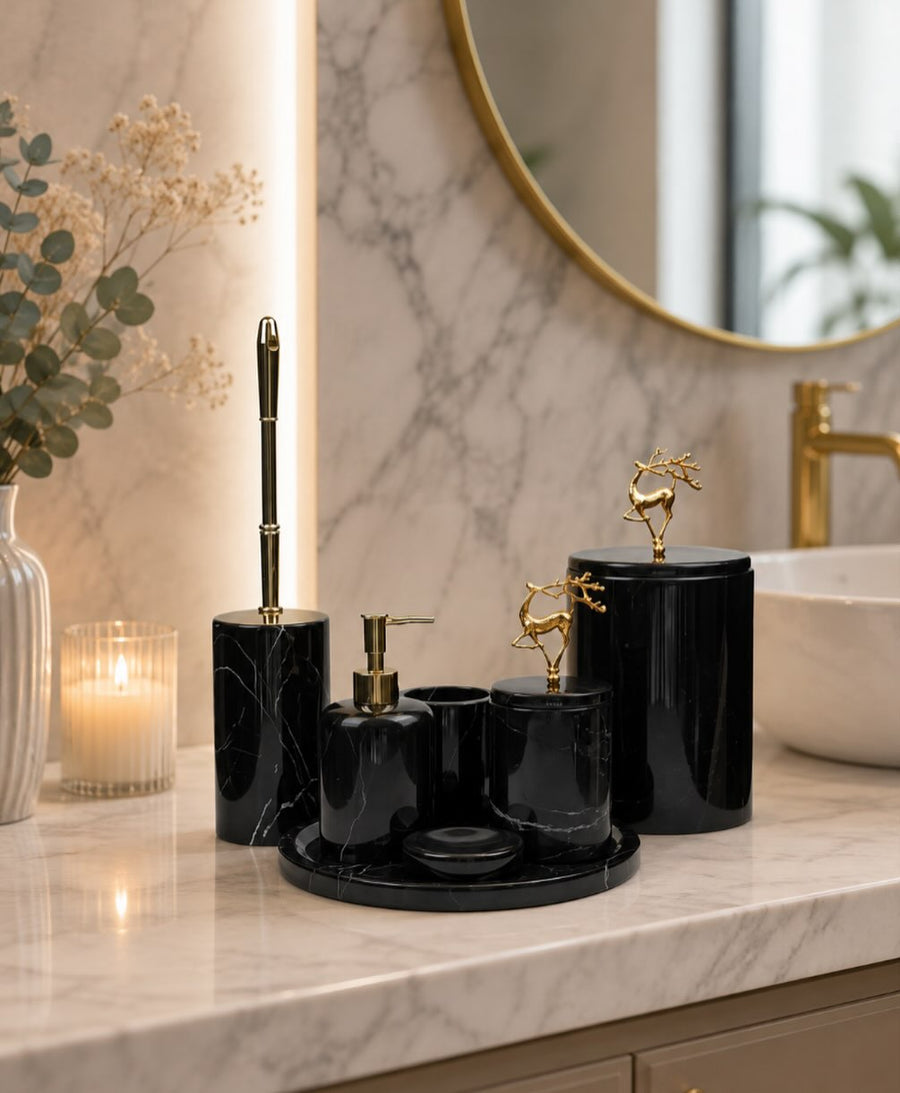 Siyah Doğal Mermer 5 Parça Banyo Aksesuar Seti – Gold Detaylı
