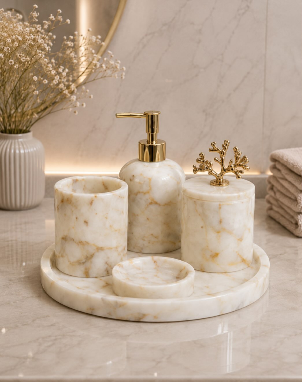 Doğal Şeker Mermer 5 Parça Banyo Seti – Gold Detaylı