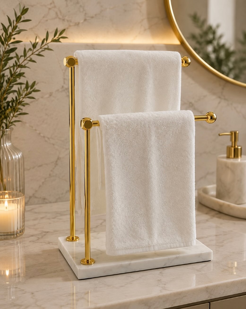 Doğal Mermer Çift Katlı Havlu Standı – Gold Detaylı