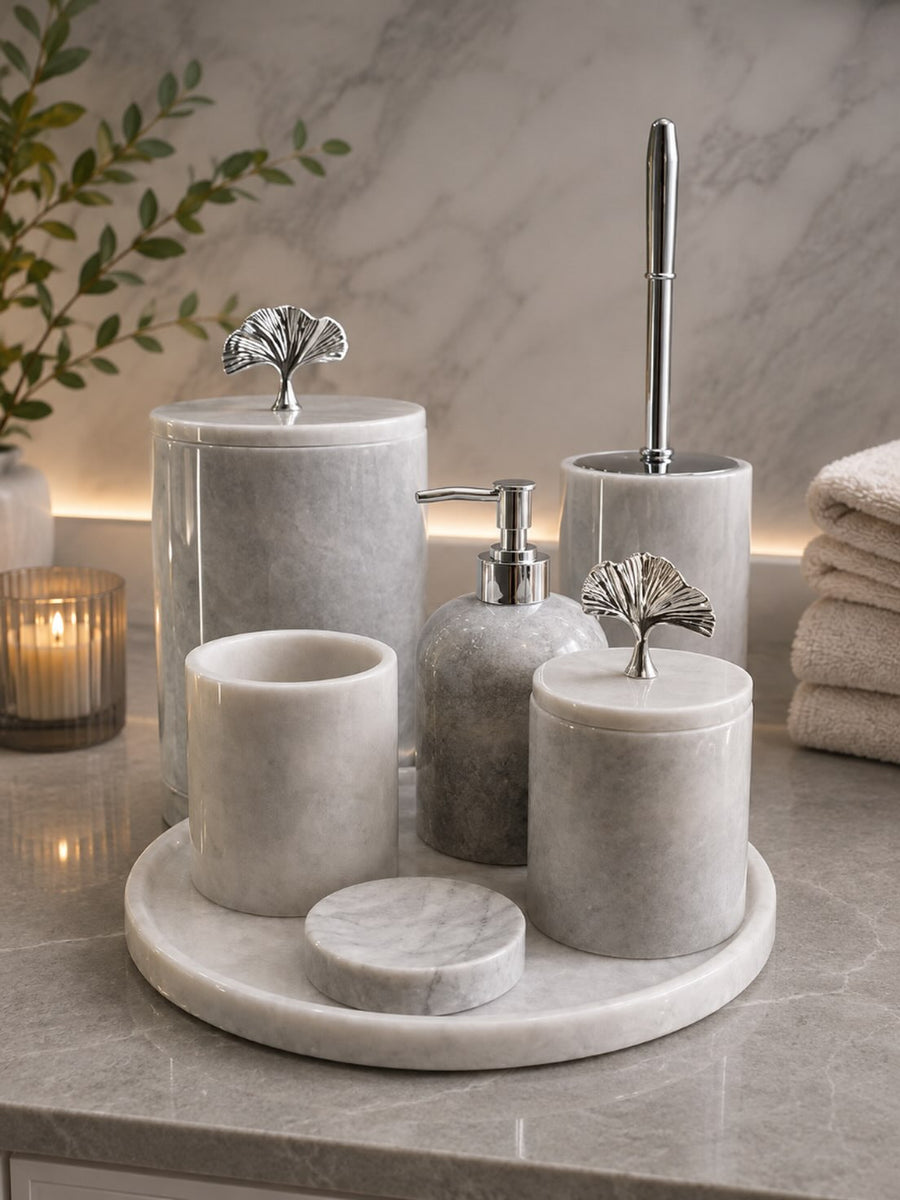 Doğal Gri Mermer 7li Set– Gümüş Detaylı