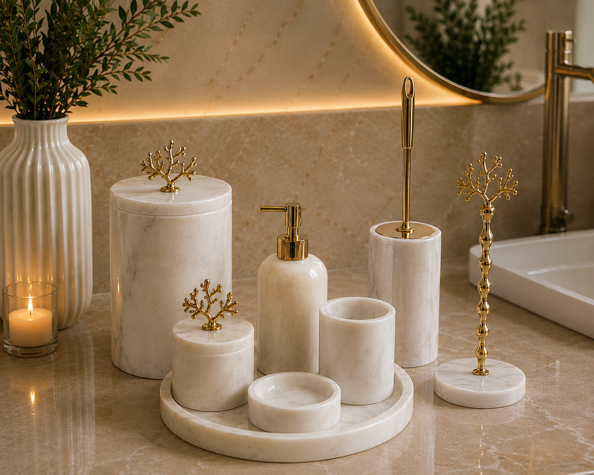 Beyaz Mermer Gold Mercan Detaylı 8'li Banyo Seti