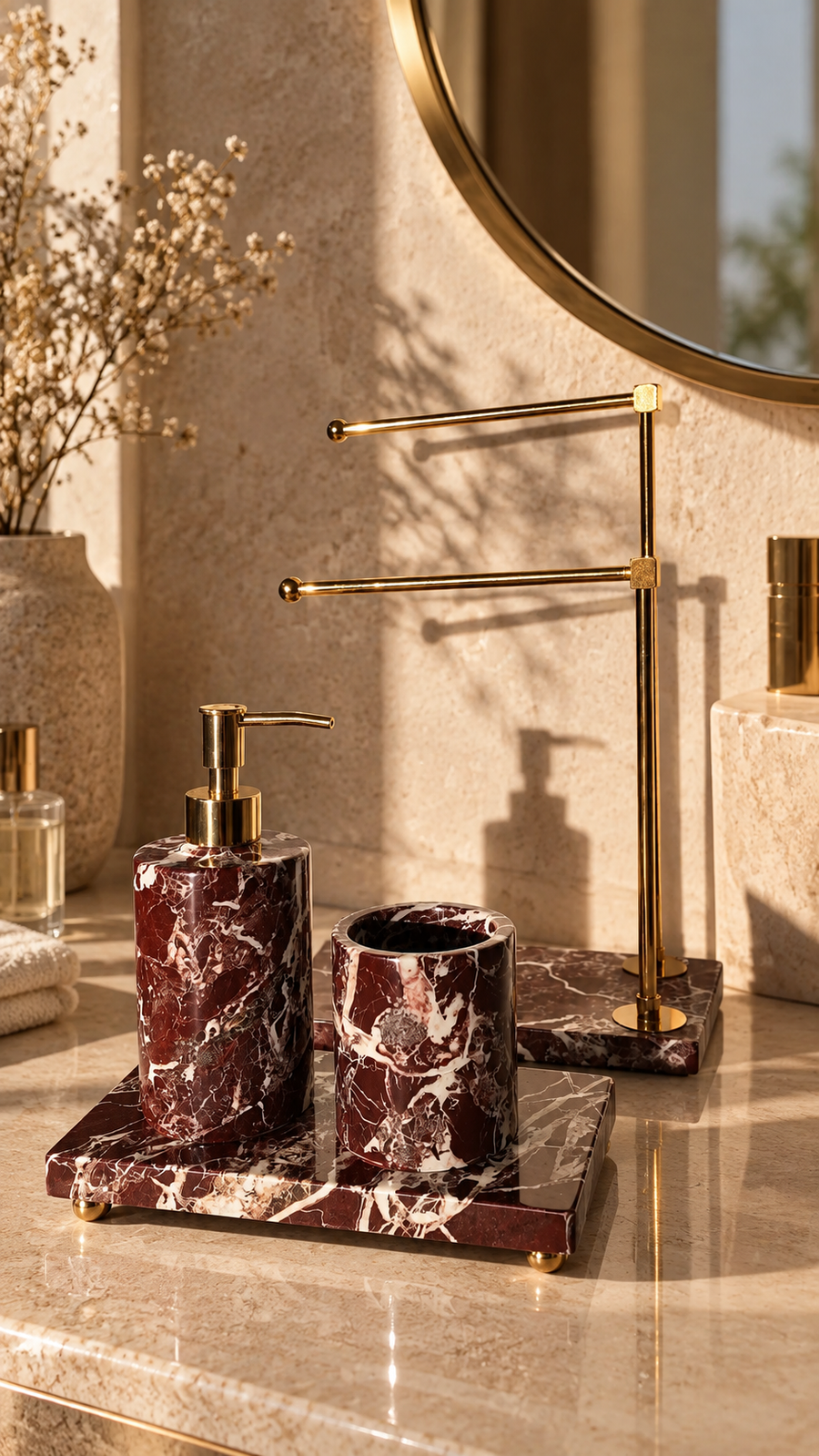 Doğal Vişne Mermer 4 Parça Banyo Seti – Gold Detaylı