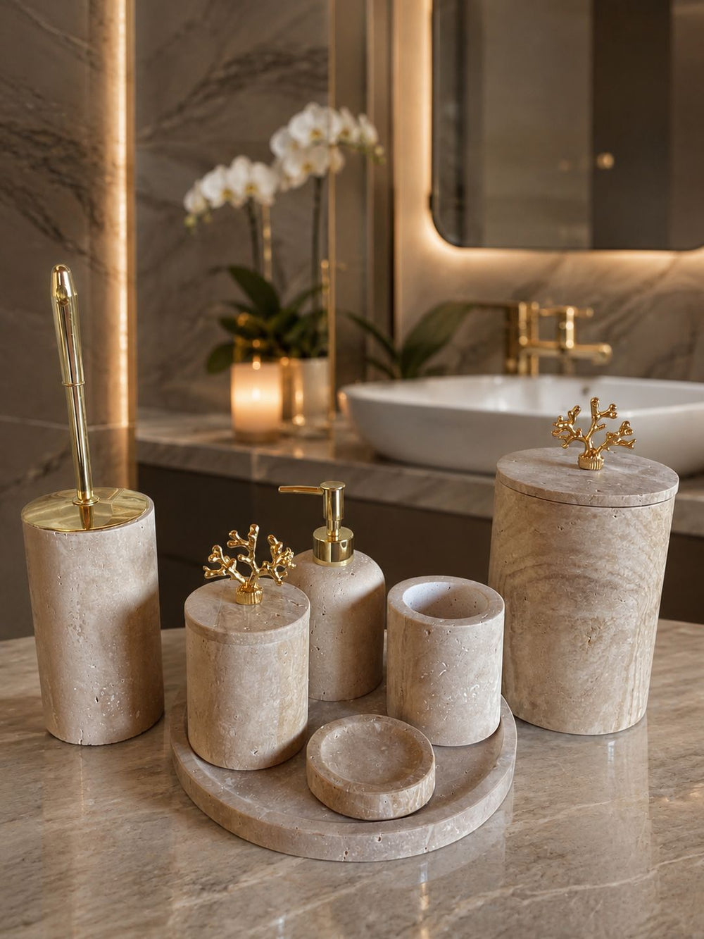 Traverten mermer banyo seti